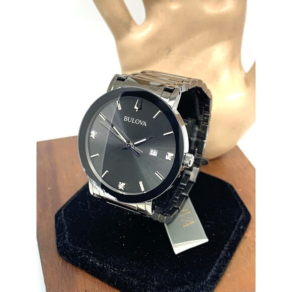 Bulova Men's Watch 98D158 Quartz Black Dial Diamond Accent Stainless Steel 42mm - Picture 1 of 15